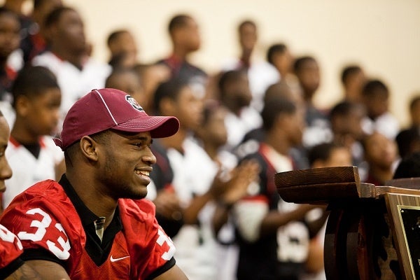 <p><p>Highly ranked and recruited Imhotep running back David Williams was all smiles Wednesday before, during and after signing with the University of South Carolina. (Brad Larrison/for NewsWorks)</p></p>
