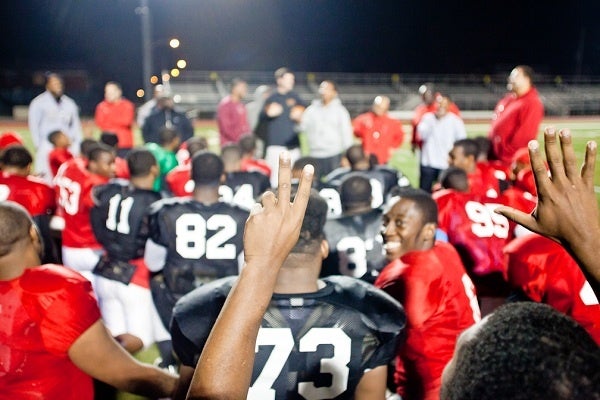 <p><p>In a rare ighthearted moment, the team has a laugh at an assistant coach who miscounted the days left until the next game. (Brad Larrison/for NewsWorks)</p></p>
