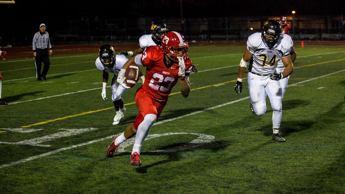 The starting point of a 90-yard run to the end zone by Imhotep's DJ Moore. (Brad Larrison/for NewsWorks)