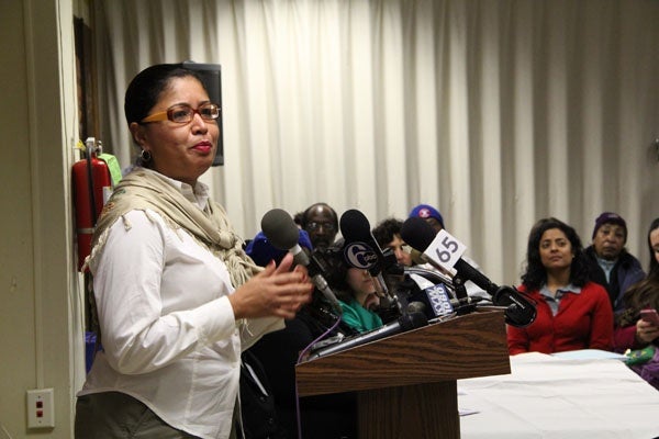 <p>City Council member Maria Quinones-Sanchez speaks in favor of national immigration reform during a press conference at the AFSCME union hall on Walnut Street. (Emma Lee/for NewsWorks)</p>
