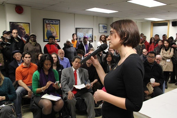 <p>Natasha Kelemen of the Pennsylvania Immigration and Citizenship Coalition moderates a question and answer session about the group's new push for immigration reform. (Emma Lee/for NewsWorks)</p>
