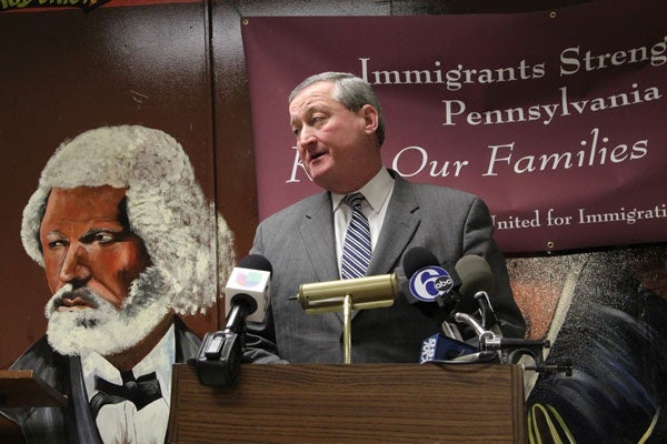 <p>City Councilman James Kenney gives his support to Pennsylvania United for Immigration Reform during a press conference at the AFSCME union hall on Walnut Street. (Emma Lee/for NewsWorks)</p>
