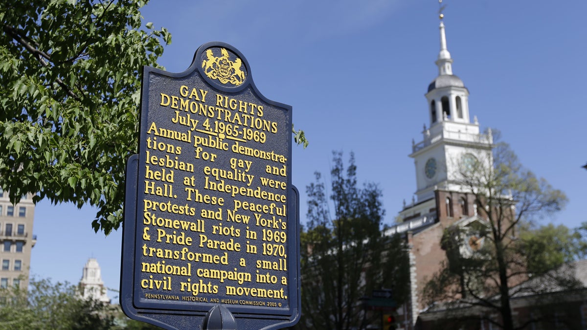  A historical marker commemorates public demonstrations for gay and lesbian equality in view of Independence Hall in Philadelphia. (AP Photo/Matt Rourke) 