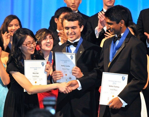 <p><p class="p1">Mimi Yen, Andrey Sushko, and Nithin Tumma, the top three winners of the 2012 Intel Science Talent Search. (Courtesy of Society for Science & the Public)</p></p>
