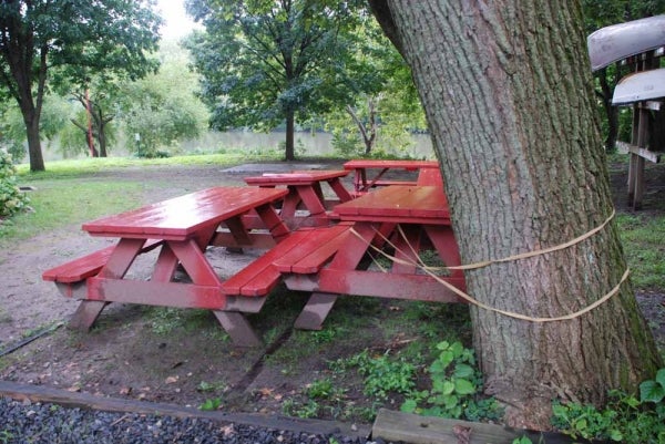 Whatever can't be moved to higher ground is being tied down at the Philadelphia Canoe Club, including these benches (Max Matza/for NewsWorks)