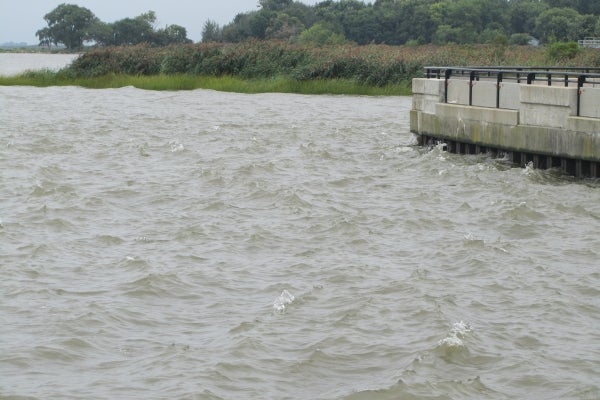 There were only light winds at 10am Saturday, but the Delaware River was already getting choppy at Delaware City. (John Mussoni/For NewsWorks)