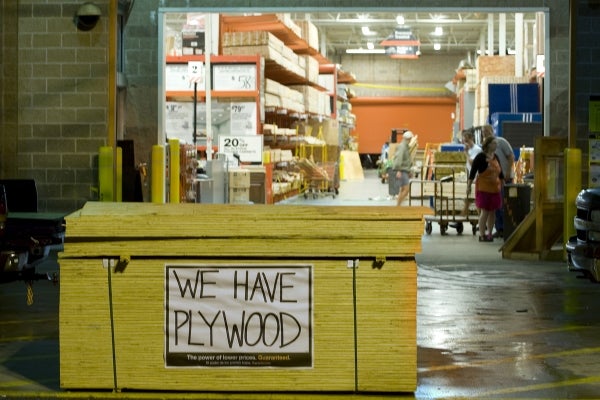 Home Depot remained open late into the night as residents prepare for the worst as Hurricane Irene makes it's way up the east coast, Thursday Aug. 25, 2011 in Manahawkin, N.J. Tens of thousands of visitors to the New Jersey shore and many residents have begun an orderly exodus after a series of requests to evacuate because of Hurricane Irene. (AP Photo/Joe Epstein)