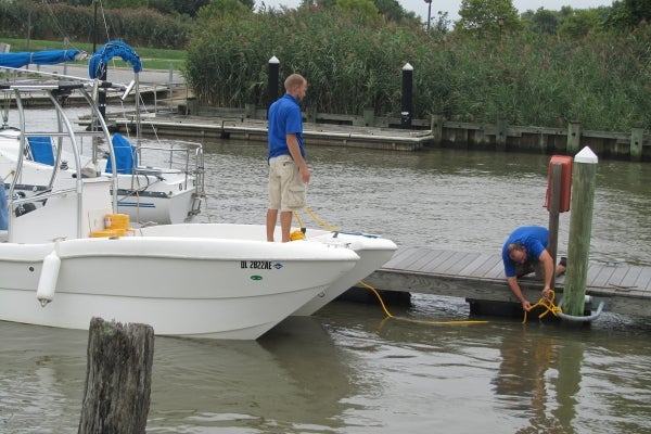 Some boaters at the Delaware City marina made last minute preps hoping for the best during Irene. (John Mussoni/For NewsWorks)