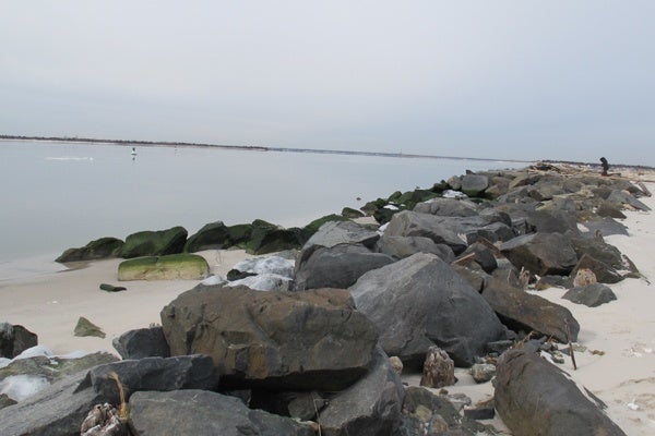 <p><p>Stones at the jetty along the Barnegat Inlent at the southern end of Island Beach State Park were undermined by Sandy. (Phil Gregory/for NewsWorks)</p></p>
