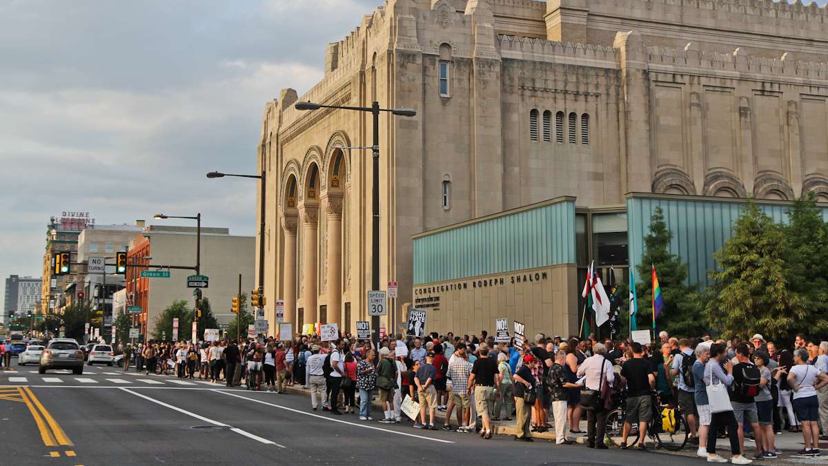  Marchers gather at Broad and Green Streets for the Philly is Charlottesville march Wednesday evening. (Kimberly Paynter/WHYY) 