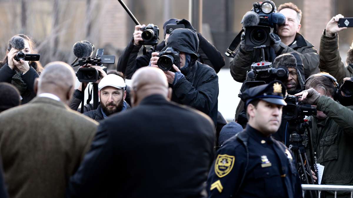 Bill Cosby's walk from his car to the Montgomery County Courthouse on the opening day of his sexual assault case is well document by members of local and national media. (Bastiaan Slabbers for WHYY)
