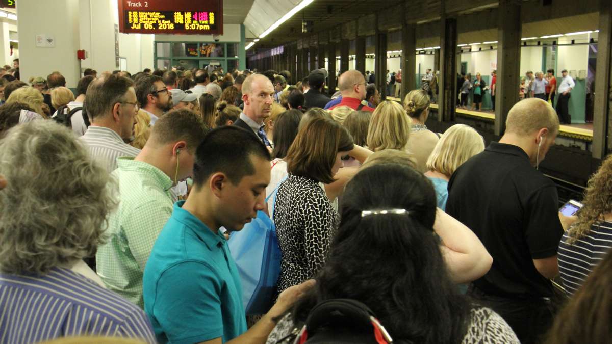 <p>Regional rail passengers pack the platforms at Suburban Station at rush hour. (Emma Lee/WHYY)</p>

