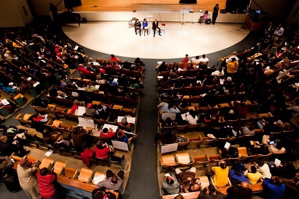 <p><p>Philadelphia Public School Superintendent Dr. William Hite, Chief of Staff Danielle Floyd and Chief Safety Officer Cynthia Dorsey (on stage) fielded questions and concerns from parents and students at Thursday night's school-closings public meeting at MLK High School. (Brad Larrison/for NewsWorks)</p></p>
