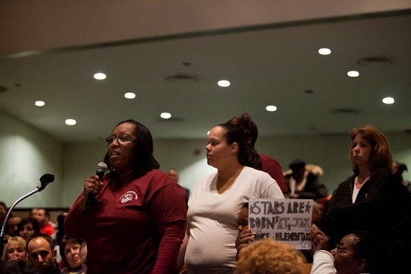 <p><p>Leiya Bullock makes her case for Cooke Elementary on behalf of her son Terrance Whitfield, a seventh grade honors student there. (Brad Larrison/for NewsWorks)</p></p>
