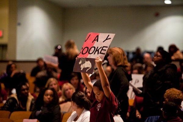 <p><p>A student makes his thoughts known at the second school-closing public meeting held at MLK High. (Brad Larrison/for NewsWorks)</p></p>
