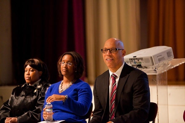 <p><p>Philadelphia Public School Superintendent Dr. William Hite, Chief of Staff Danielle Floyd and Chief Safety Officer Cynthia Dorsey heard concerns from parents and students at MLK High School on Thursday night. (Brad Larrison/for NewsWorks)</p></p>
