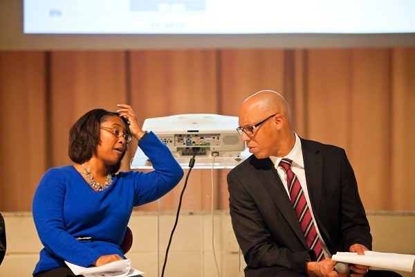 <p><p>Philadelphia School District Superintendent Dr. William Hite and Chief of Staff Danielle Floyd confer during the public meeting Thursday. (Brad Larrison/for NewsWorks)</p></p>
