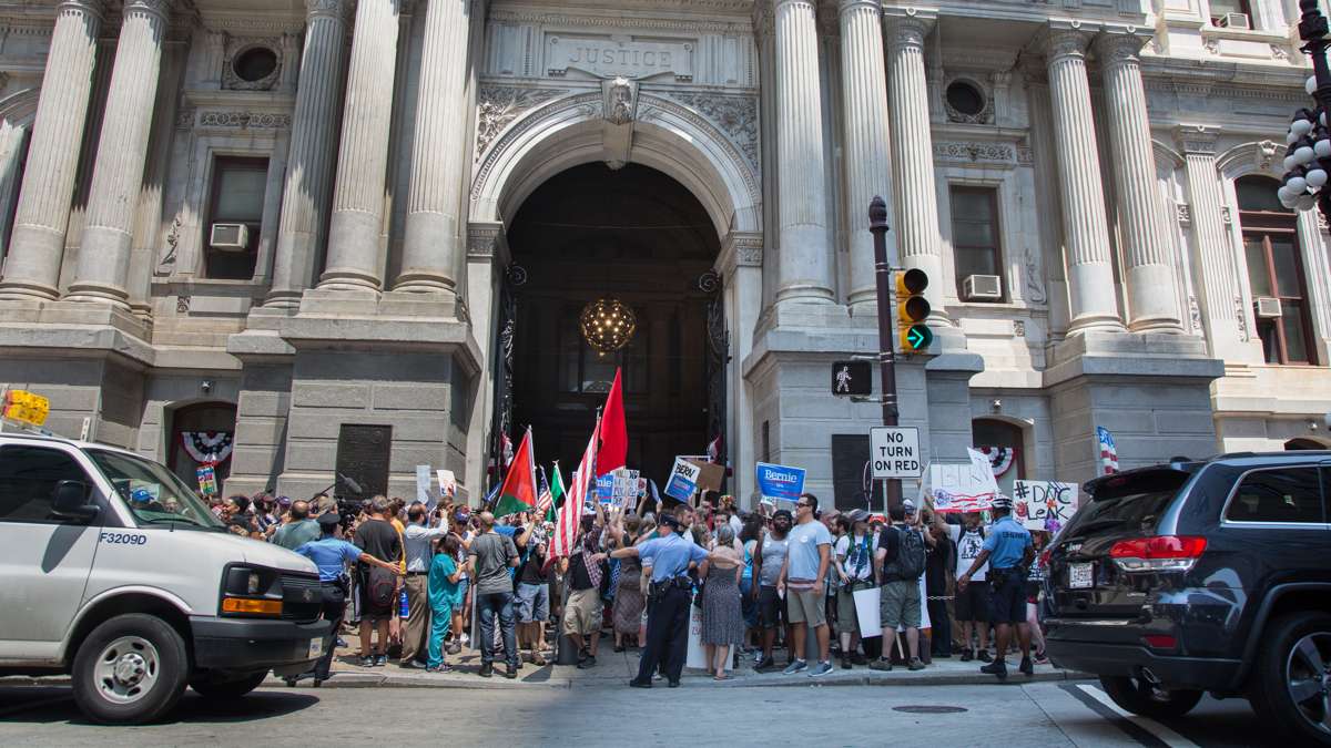 Police and protesters work together to have peaceful and safe rallies at City Hall in Philadelphia on July 25, 2016.
