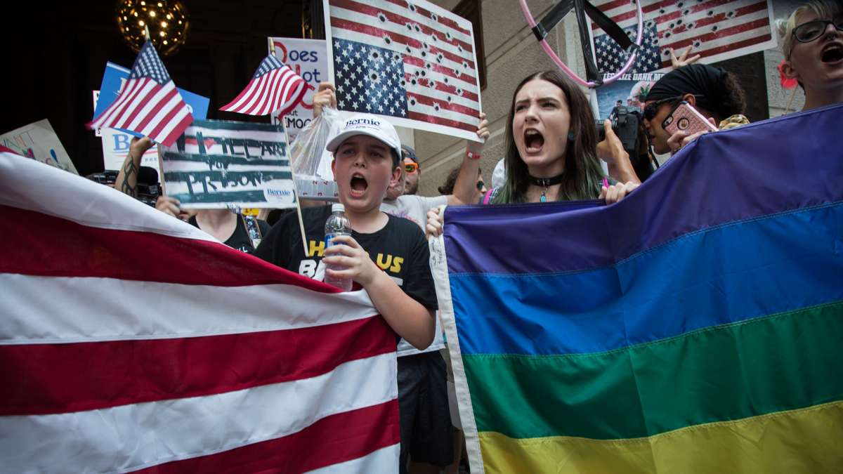 Rallies around City Hall were dominated by anti-Hilary Clinton, pro-Bernie Sanders chants as various groups waited to march down Broad Street to the Democratic National Convention in Philadelphia on July 25, 2016.