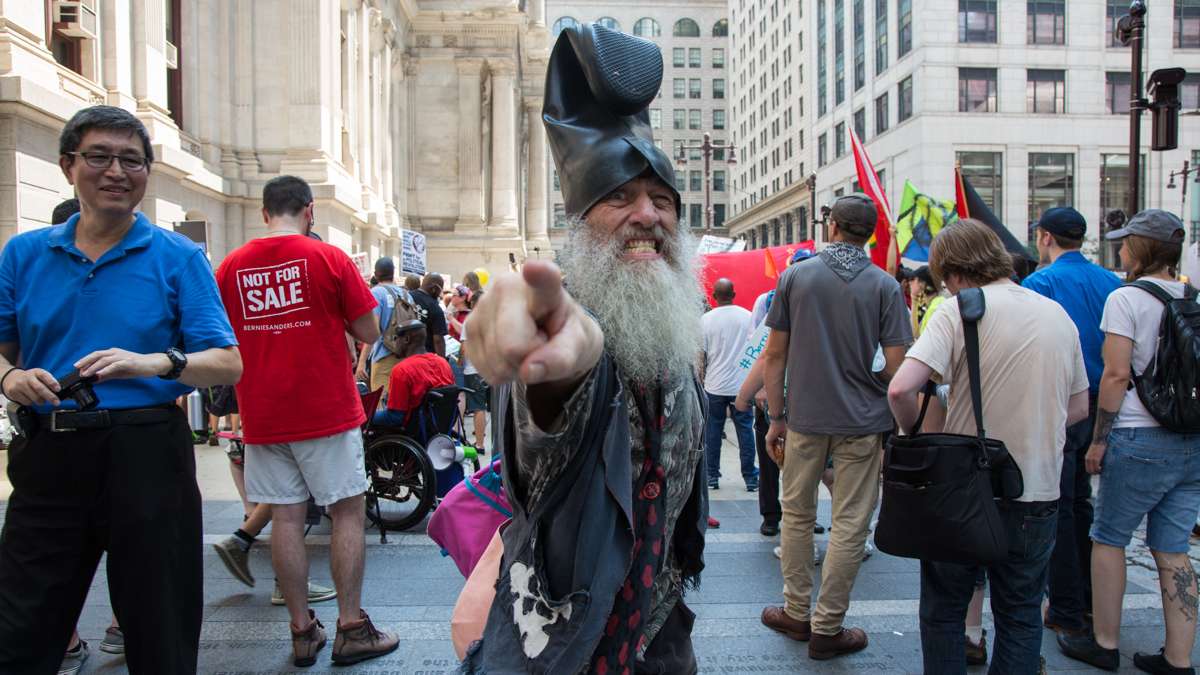 Performance artist and 2012 presidential candidate, Vermin Supreme, famous for saying he would give everyone a pony if elected, showed up at the rallies surrounding City Hall in Philadelphia July 25, 2016.