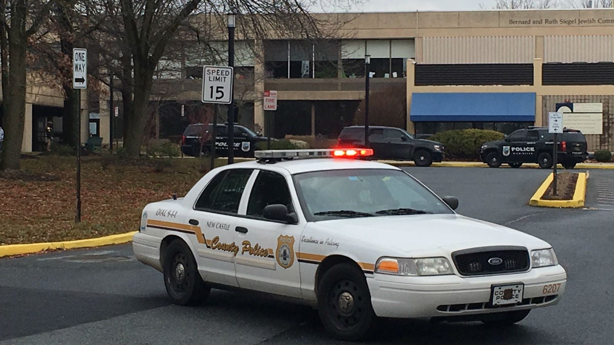  Police cars sit outside the Siegel JCC in Wilmington after a bomb threat was called in to the center in January. Another threat was made against the center on Monday.(John Jankowski/for NewsWorks) 