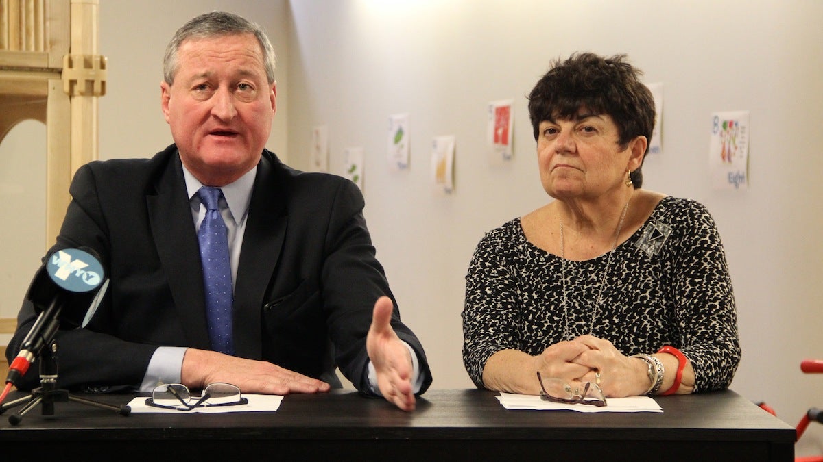  Jim Kenney speaks about his education-policy paper while retired teacher  Rachelle Nocito looks on. (Emma Lee/WHYY) 