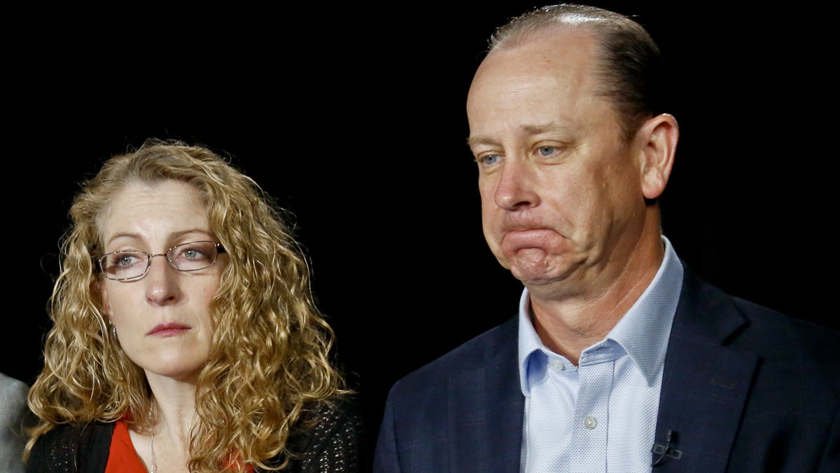 James Piazza, right, seated with his wife Evelyn, holds back emotion during an interview on Monday May 15, 2017, in New York. Their son Timothy Piazza, 19, a Penn State sophomore, died in February after he was put through a hazing ritual at his fraternity house and forced to drink dangerous amounts of alcohol in a short amount of time. (AP Photo/Bebeto Matthews) 