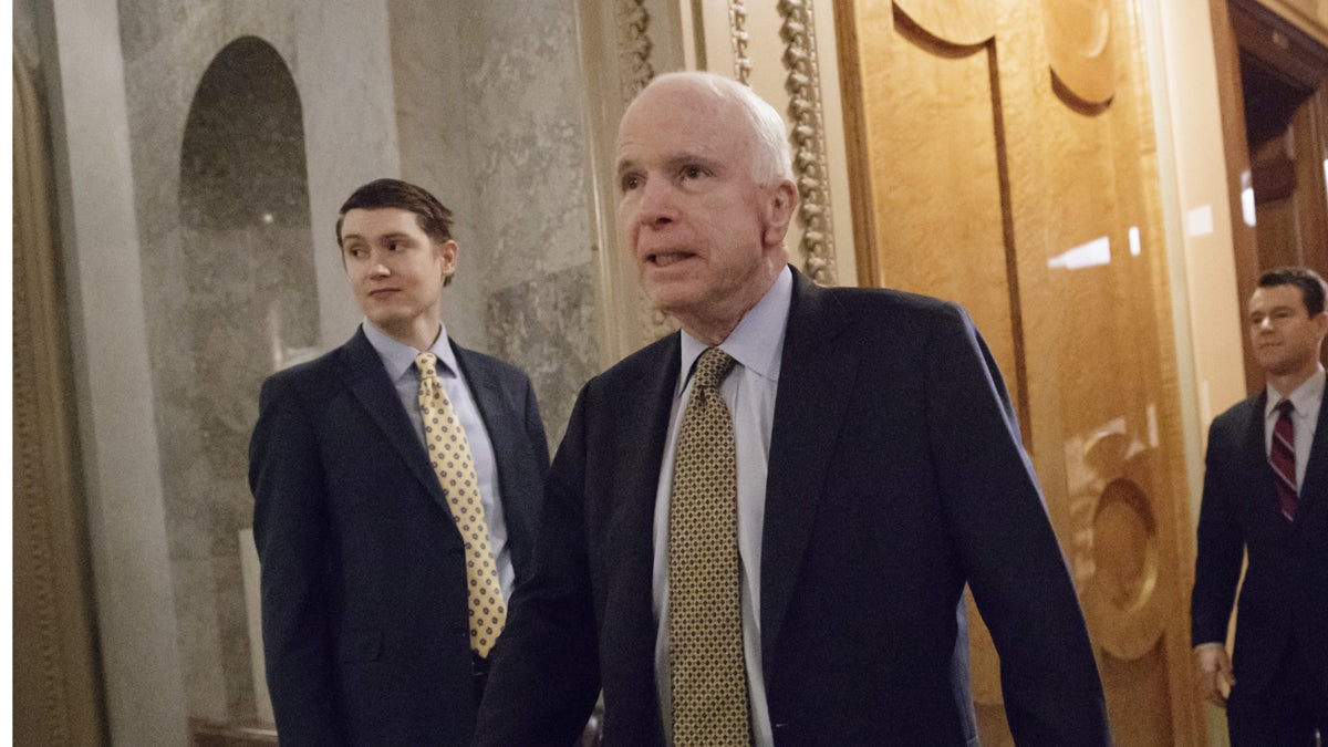  Sen. John McCain, R-Ariz.,is shown departing the Senate chamber on Capitol Hill in Washington, Friday, Feb. 3, 2017. (AP Photo/J. Scott Applewhite) 