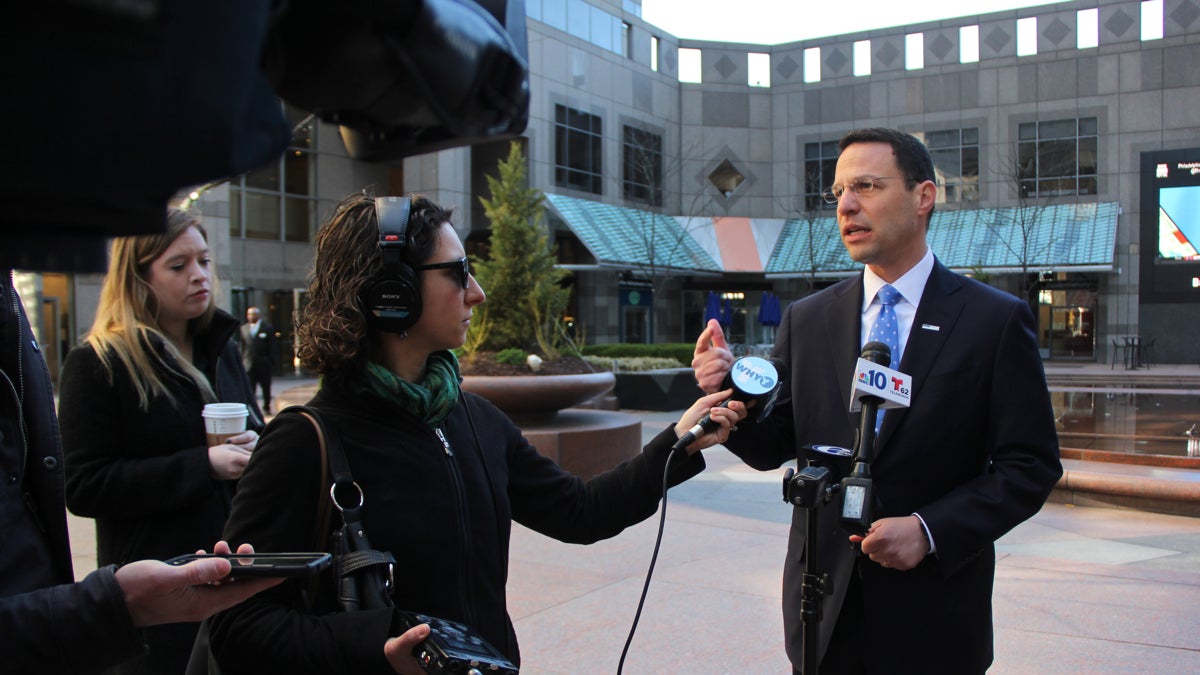 Pennsylvania attorney general candidate Josh Shapiro speaks with reporters in Center City about the endorsement he received from President Obama. (Emma Lee/WHYY)