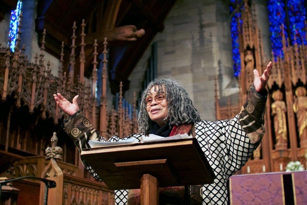<p><p>Philadelphia's first Poet Laureate, Sonia Sanchez, read poems and shared stories at St. Paul's Episcopal Church in Chestnut Hill on Sunday. (Jana Shea/for NewsWorks)</p></p>
