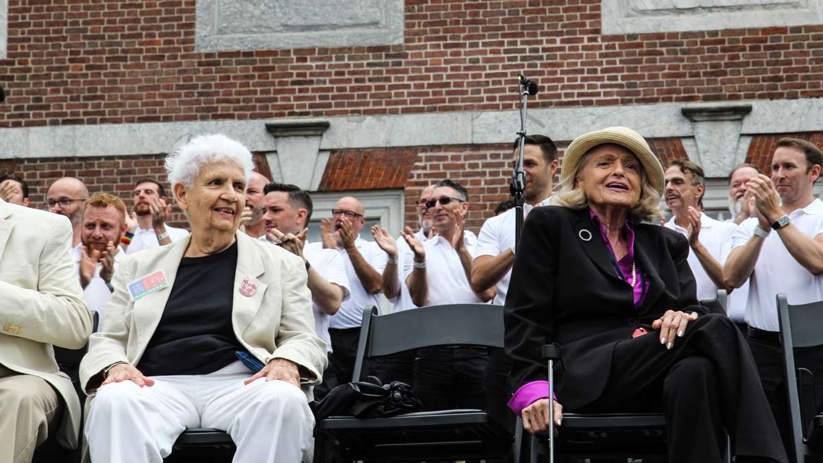 Gay Pioneers Ada Bello (left) and Edie Windsor attend Philadelphia's 4th of July celebration of the 50th anniversary of the LGBT civil rights movement. (Kimberly Paynter/WHYY)