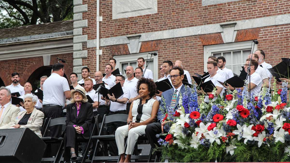 The Gay Men’s Chorus of New York sing America the Beautiful at Philadelphia's 4th of July celebration of the 50th anniversary of the LGBT civil rights movement. (Kimberly Paynter/WHYY)