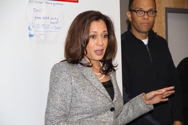 <p><p>California Attorney General Kamala Harris speaks to phone bank volunteers at the Obama campaign office in Germantown. (Trenae V.McDuffie/for NewsWorks)</p></p>
