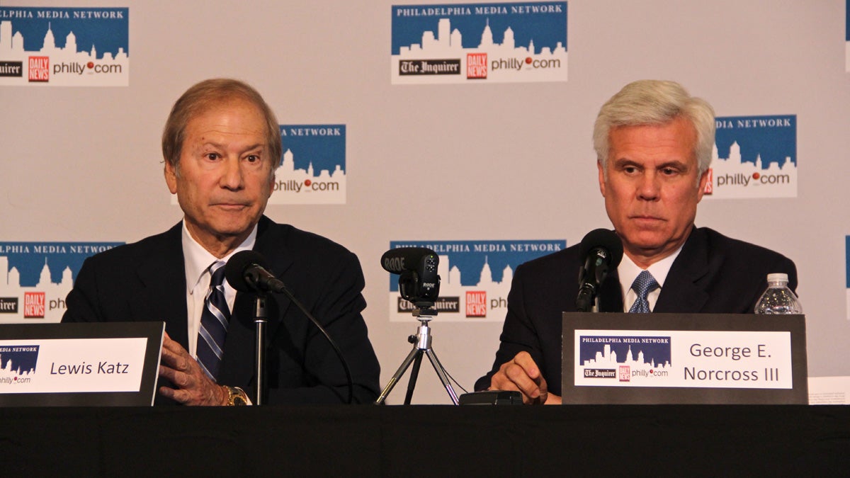  Lewis Katz and George Norcross are shown in 2012 announcing their purchase of the Philadelphia Inquirer and Daily News and philly.com. (Emma Lee/for NewsWorks, file) 