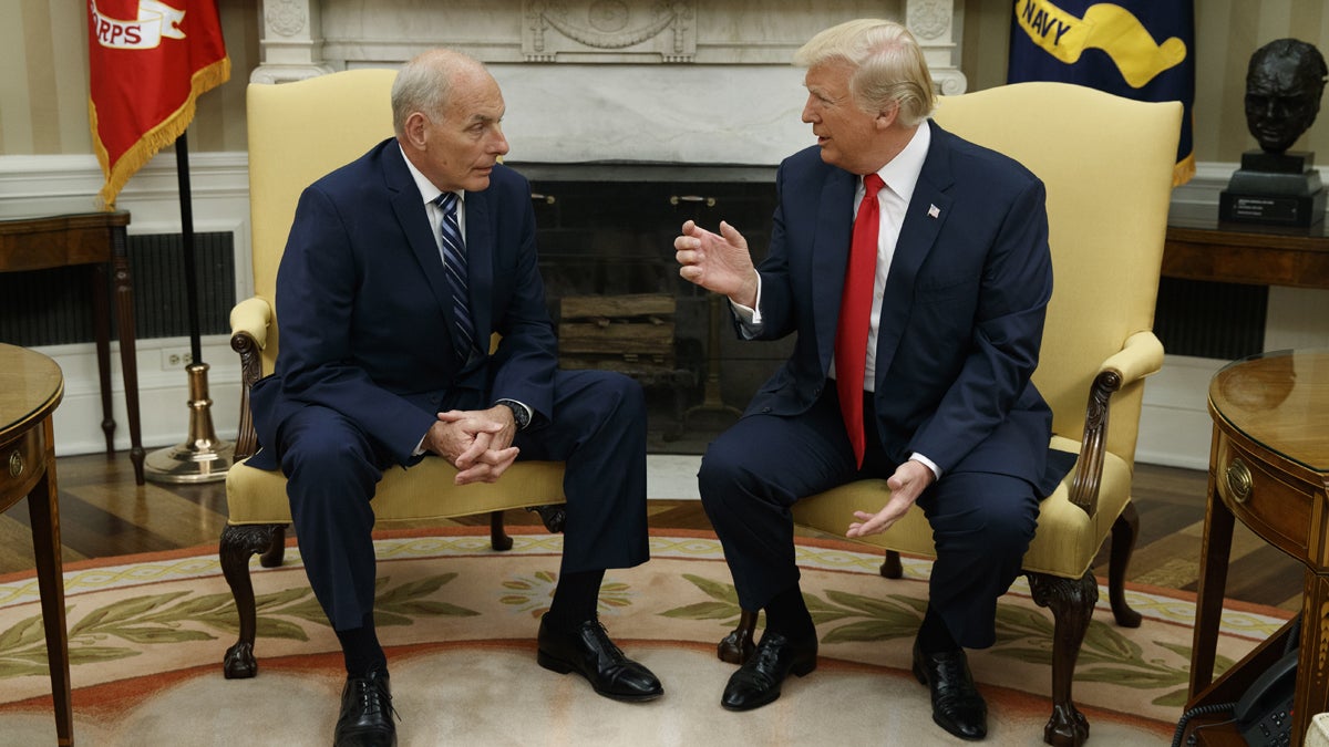  President Donald Trump talks with new White House Chief of Staff John Kelly after he was privately sworn in during a ceremony in the Oval Office with President Donald Trump, Monday, July 31, 2017, in Washington. (AP Photo/Evan Vucci) 