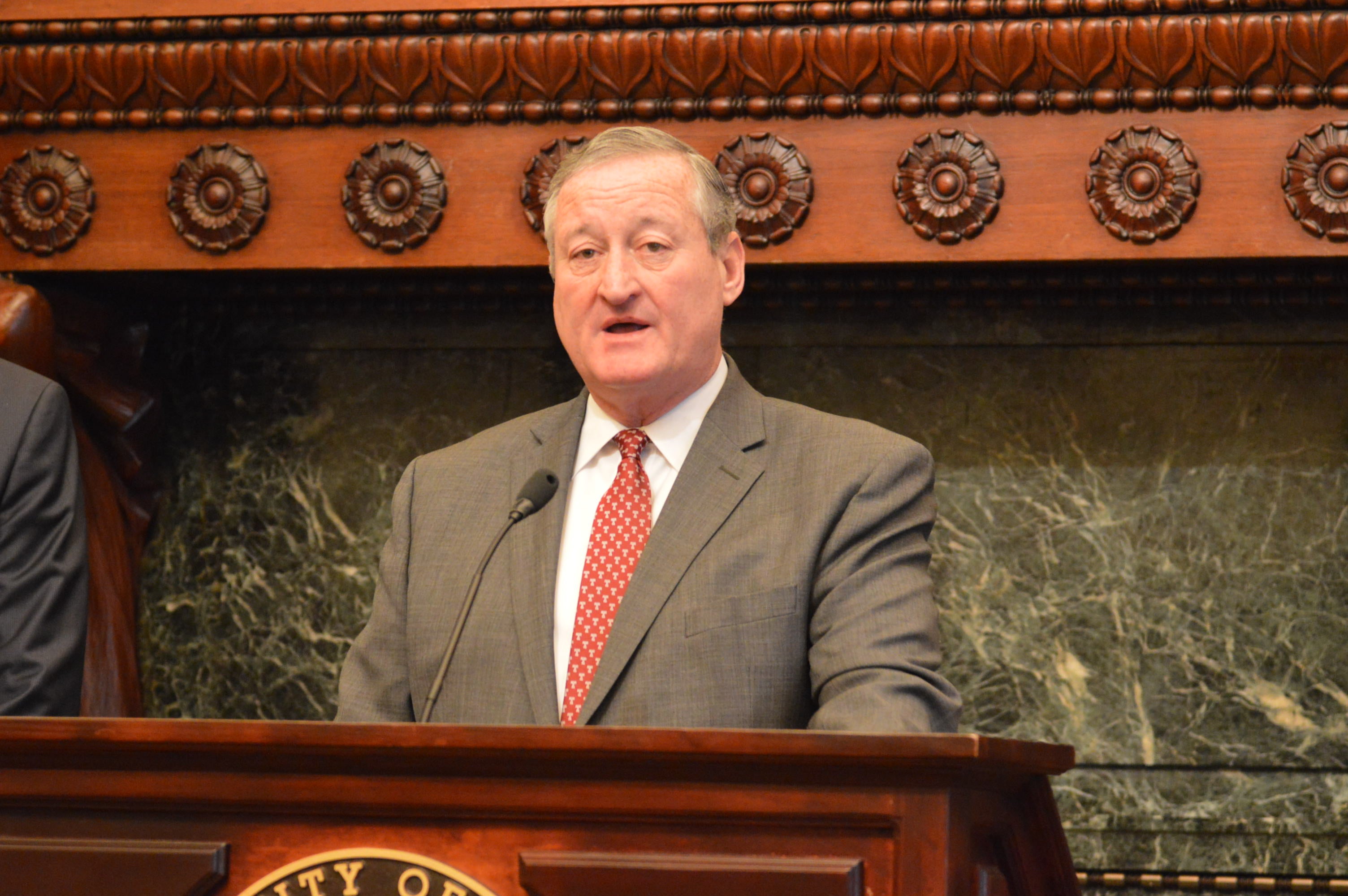  Philadelphia Mayor Jim Kenney talks about an incentive program for drawing suburban companies to the city. (Tom MacDonald/WHYY) 