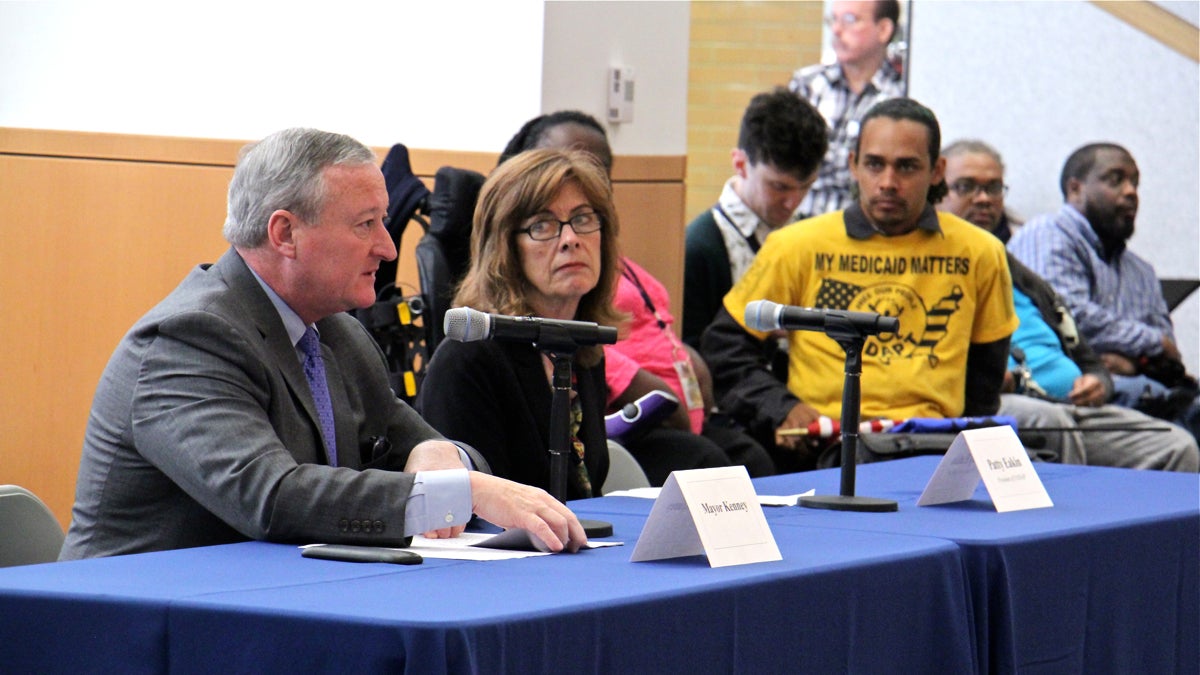  Philadelphia Mayor Jim Kenney (left) and Patty Eakin, president of the Pennsylvania Association of Staff Nurses and Allied Professionals, testify during a hearing on the impact of the Republican sponsored health care plan. (Emma Lee/WHYY) 