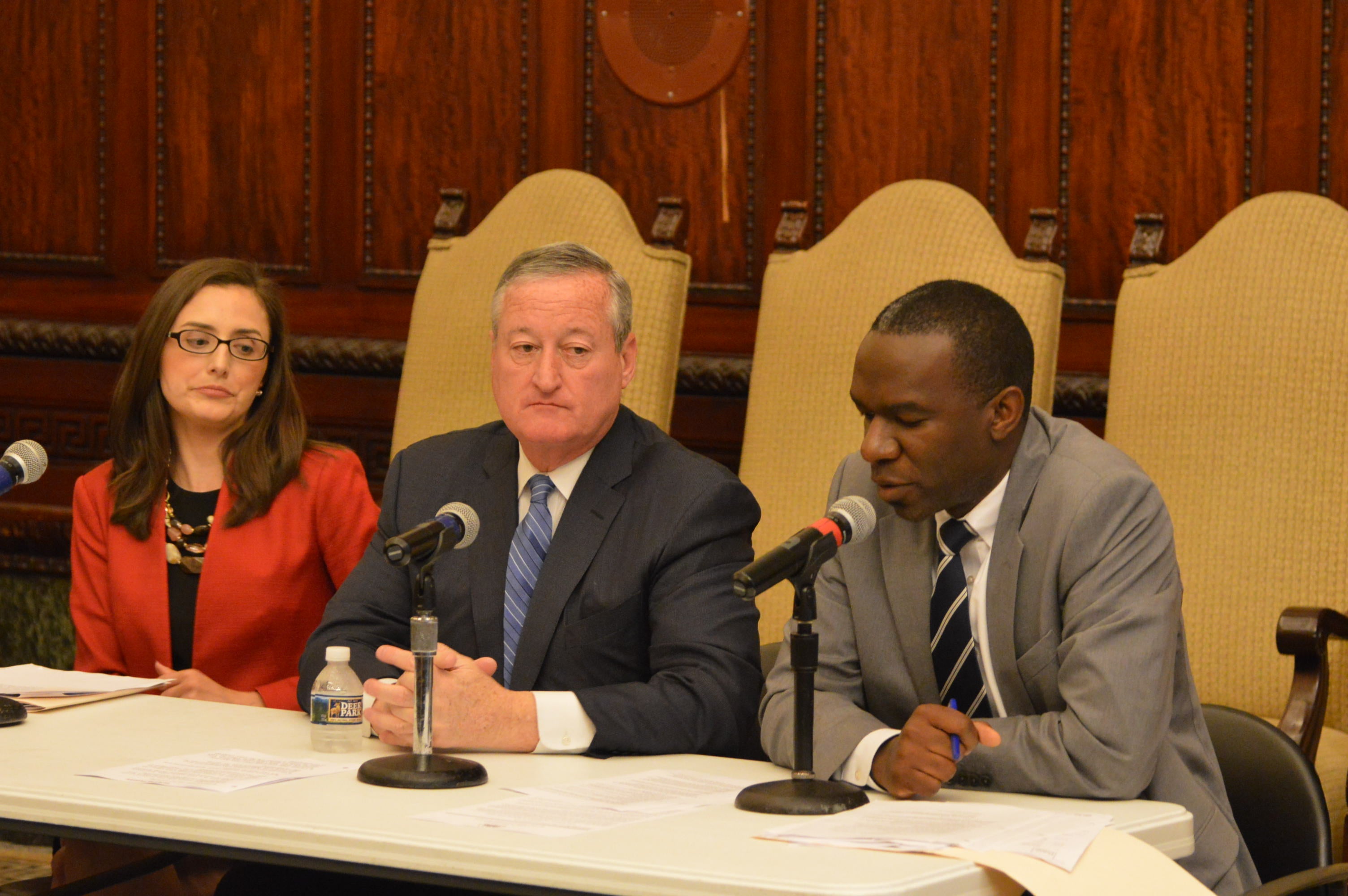  Mayor Jim Kenney and  City Solicitor Sozi Pedro  Tulante (right) talk about Philadelphia's policy on unauthorized immigrants. (Tom MacDonald/WHYY) 