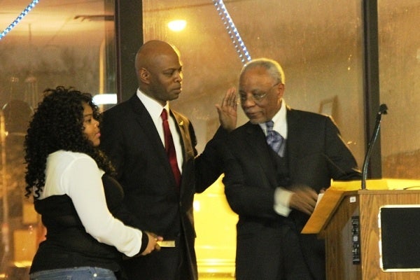 <p><p>State Rep. Stephen Kinsey's granddaughter Shakeira Holiday holds the bible as former Mayor W. Wilson Goode, Sr. ceremonially administers the Oath of Office. (Trenae V.McDuffie/for NewsWorks)</p></p>
