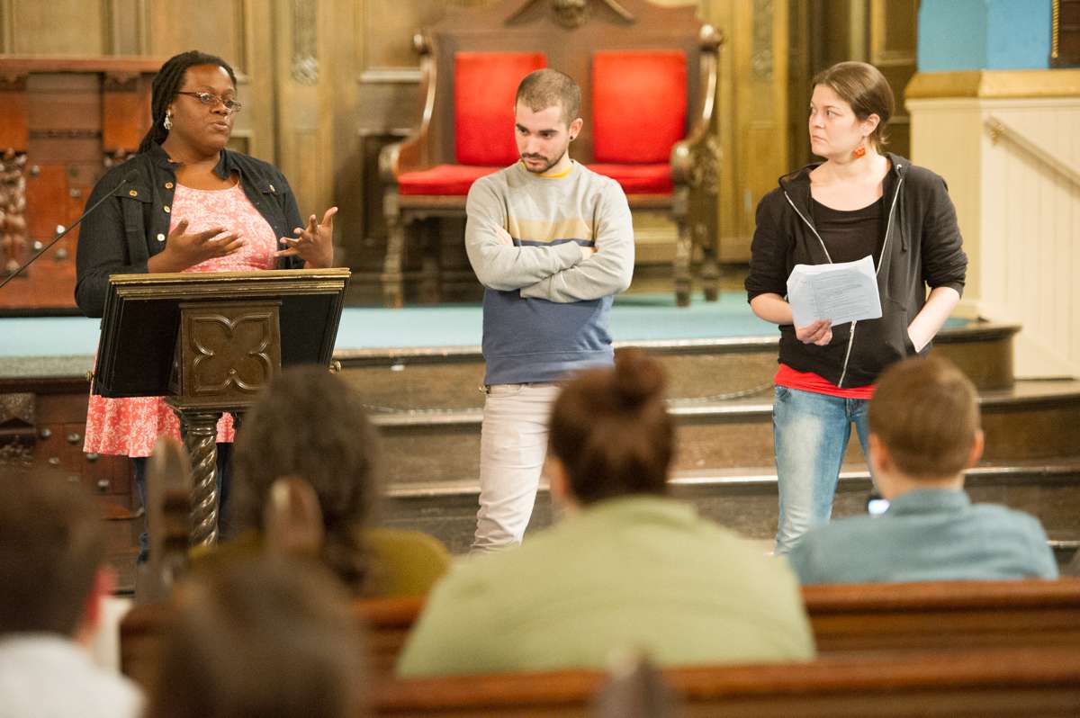 Members of Up Against The Law Legal Collective explain policing practices and protesters' rights during a protest workshop held at the First Unitarian Church of Philadelphia.