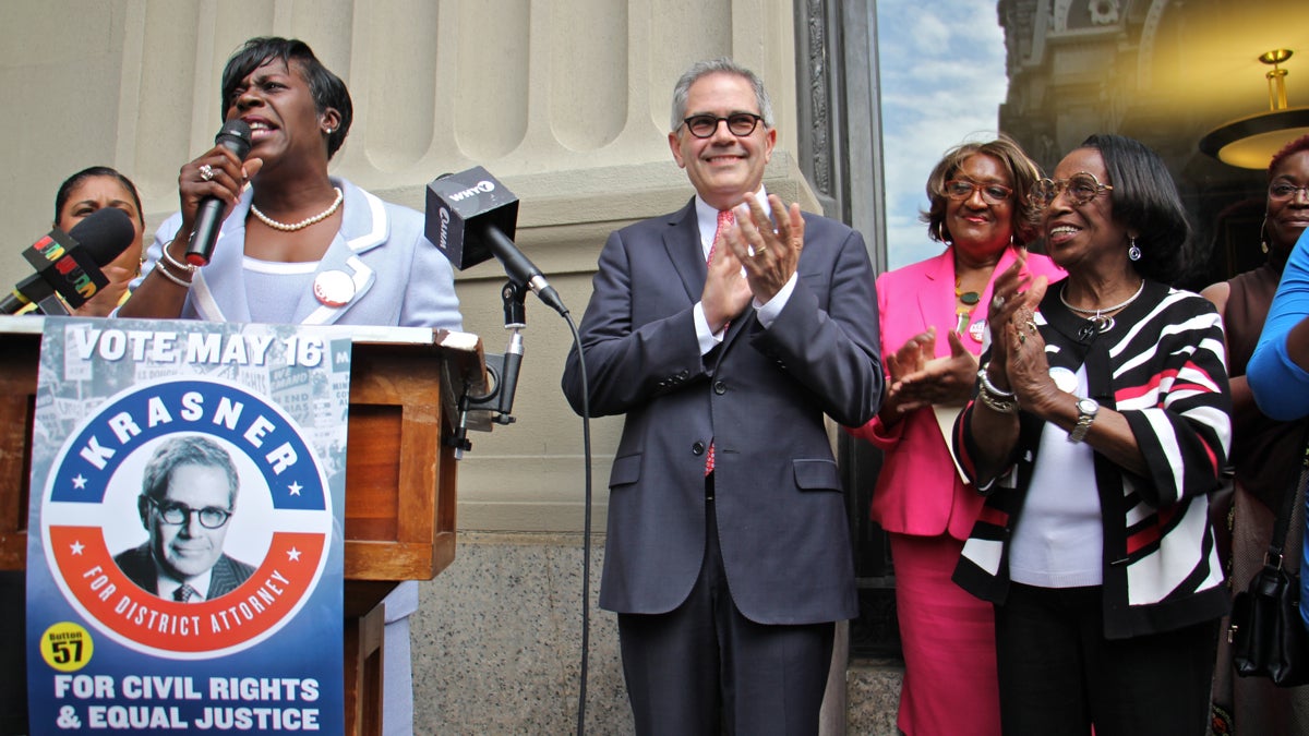 Philadelphia district attorney candidate Larry Krasner gets the endorsements of some high-powered women of color, including (from left) Councilwoman Maria Quiñones-Sánchez, Councilwoman Cherelle Parker, Krasner, state Rep. Isabella Fitzgerald, and former city Councilwoman Marian Tasco. (Emma Lee/WHYY)( 