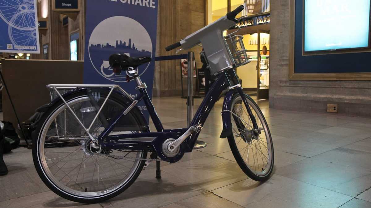  A typical Philadelphia bike share bicycle on display at 30th Street Station Thursday. (Kimberly Paynter/WHYY) 