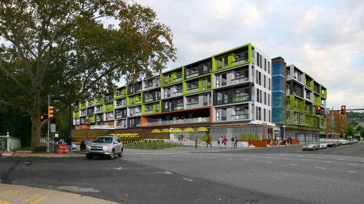   Ridge Flats, located at the site of the former Rivage Ballroom in East Falls, will consist of 146 apartment units and 9,300 square feet of retail space. (Photo courtesy of Onion Flats)  