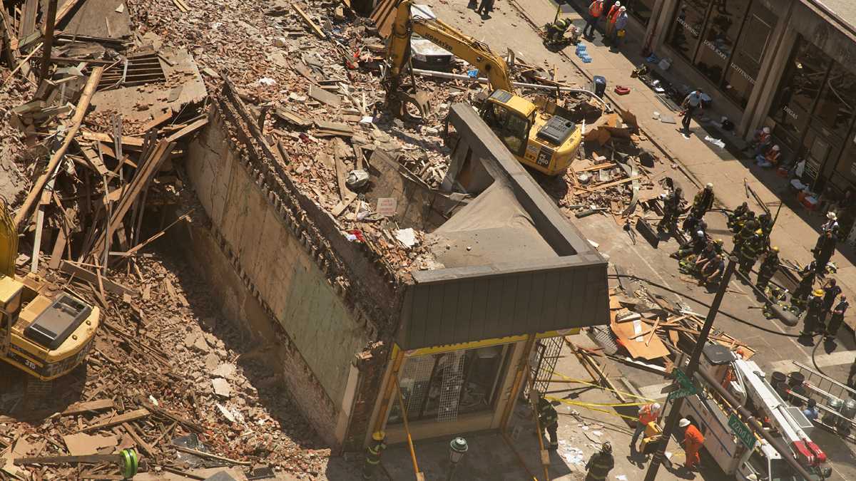  The wreckage at 22nd and Market streets in Philadelphia following the June 5, 2013, collapse. (Lindsay Lazarski/WHYY) 