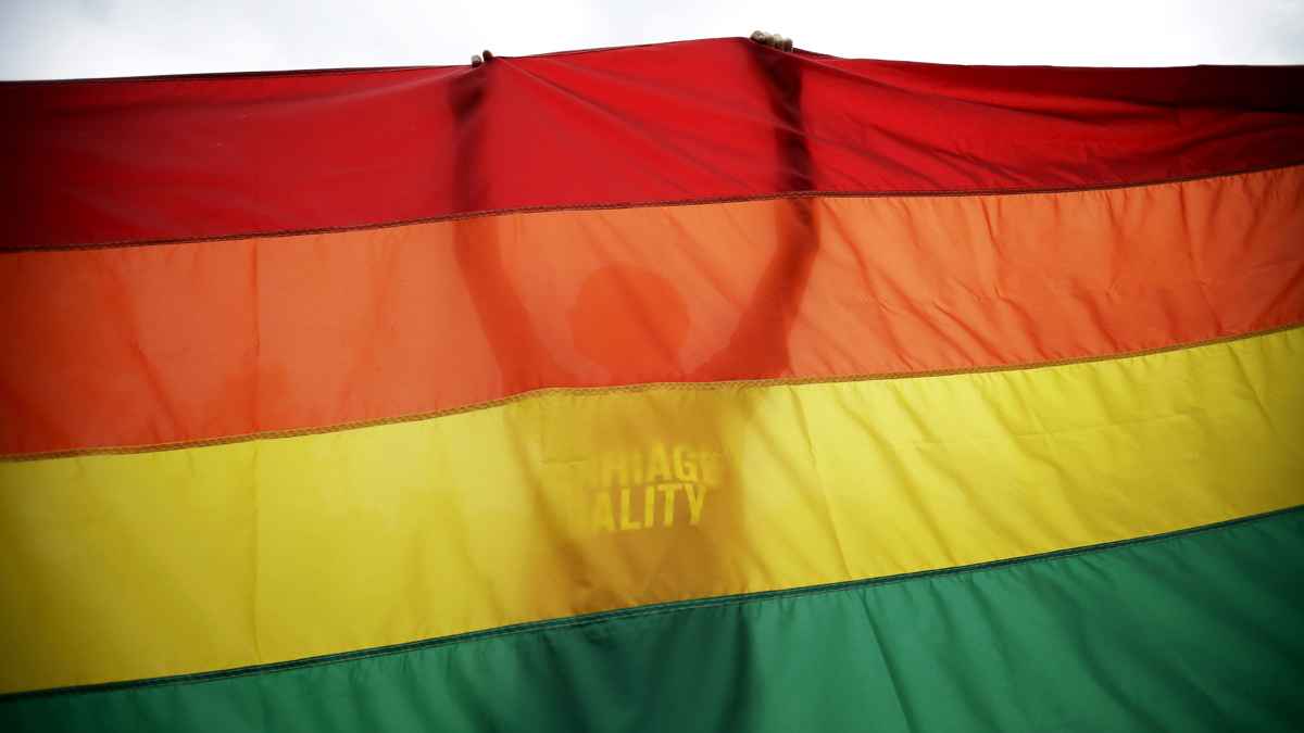  Sean Lewrence, of Philadelphia, holds up a flag during a rally for gay marriage, Wednesday, June 26, 2013, on Independence Mall in Philadelphia. Despite the Supreme Court's decision, gay marriage bans still stand in Pennsylvania and roughly three dozen other states. (AP Photo/Matt Slocum, file) 