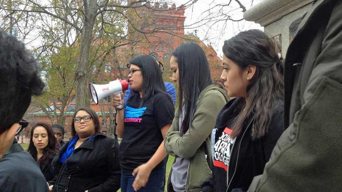  Daisy Romero, center, holding the megaphone, is an undocumented immigrant from Mexico who will graduate from the University of Pennsylvania next year. (Photo courtesy of Daisy Romero)  