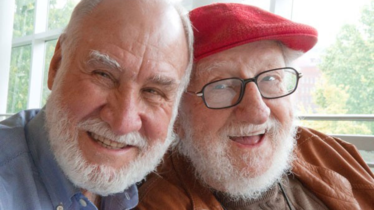  NewsWorks digital artist-in-residence Tony Auth (left) with friend, businessman and author Reese Palley. (Todd Vachon/WHYY) 