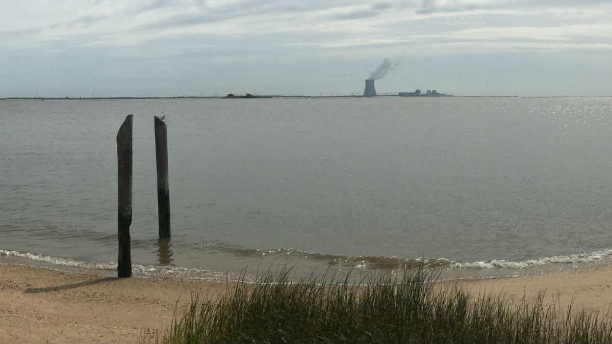  The Salem Hope Creek nuclear power plant in New Jersey seen from the Delaware side of the river. This is close to where a proposed underwater powerline would be buried in the river. (Mark Eichmann/WHYY) 