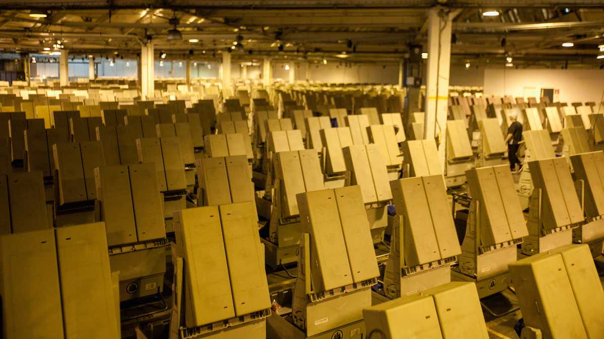 Voting machines at the Office of the City Commissioner's warehouse (Brad Larrison for WHYY)  