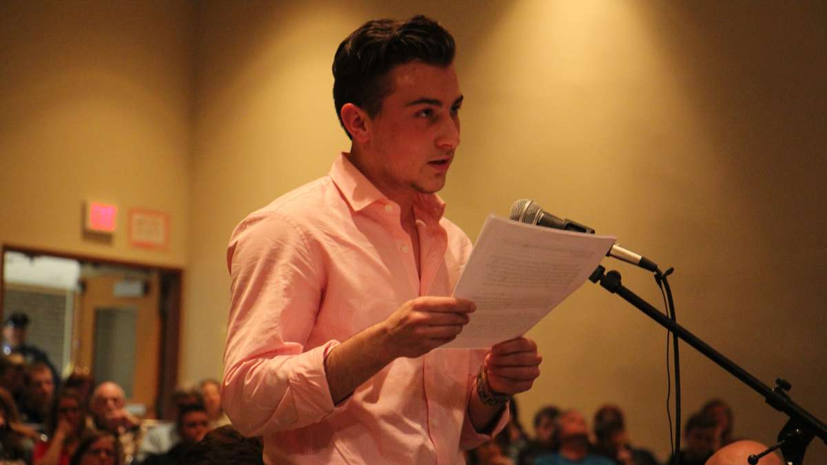 A transgender student at Boyertown High School, Aidan DeStefano, speaks in support of the school policy. (Emma Lee/WHYY)